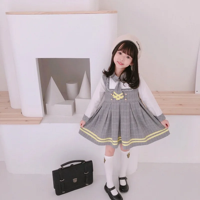 2020Spring New Kids Clothes College Style High-grade Baby Collar 2-7 Years Old Dresses for Girls Plaid Dress | Детская одежда и