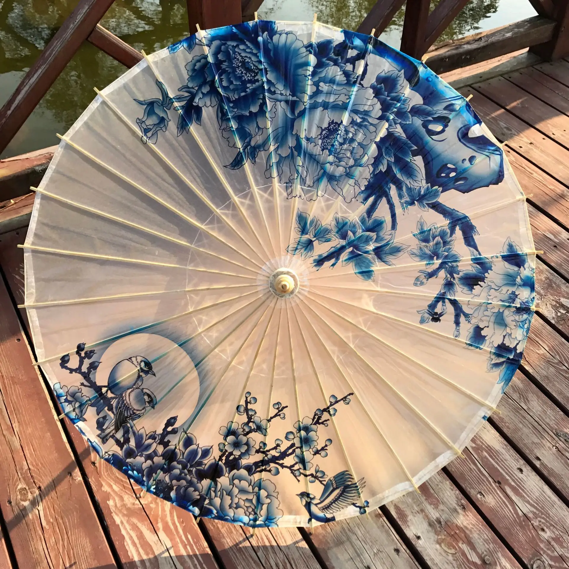 Blue and white peony Смазанный бумажный зонтик складной деревянный дождь женский Декор прозрачный цветок китайский зонтик японский зонтик - Цвет: Blue and white peony