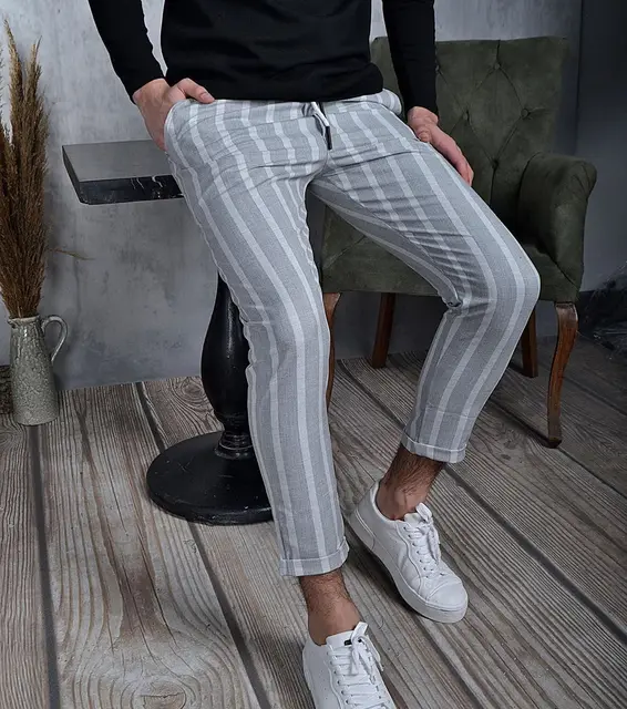 Pantalones clásicos con estampado a rayas para hombre, pantalón informal de negocios, ajustado, con cordón, ropa a la moda, 2022 2