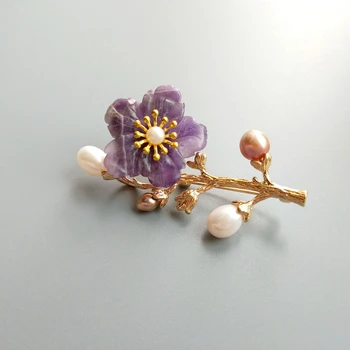 

Lii Ji Natural Genuine Amethyst Freshwater Pearl Fashion Brooch Copper Gold Plated For Women Jewelry