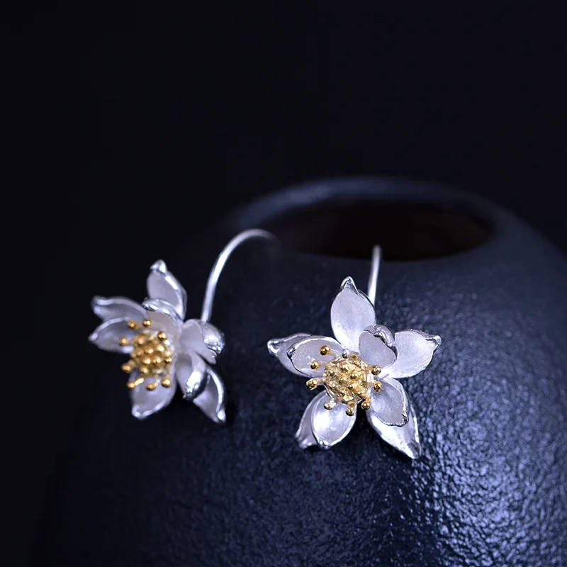 

925 Sterling Silver Earrings for Women Multi-tone Lotus Flower Drop Dangle Earring for Girl office earings fashion jewelry 2019