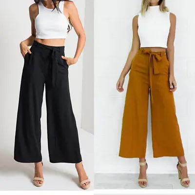 

Summer Hot Sale Fashion High Waist Tie Waist Trousers Streetwear Women Wide Leg Pants OL Pants Long Culottes Pant