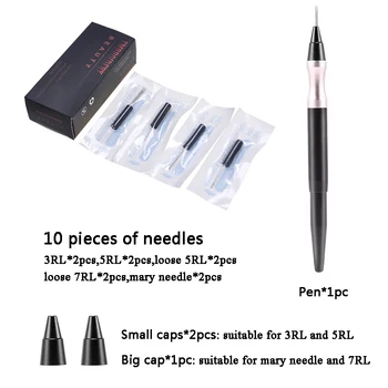 

10Pcs round Blade Needles+black Tebori 3D Pen Microblading Tattoo Machine For Permanent Makeup Eyebrow Tattooing Manual Guns