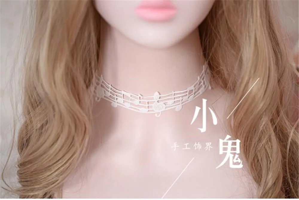 Лолита Kawaii черный белый ожерелье с подвеской в форме музыкальной ноты кружева Чокеры ожерелье s для девочек подарок B564 - Окраска металла: white