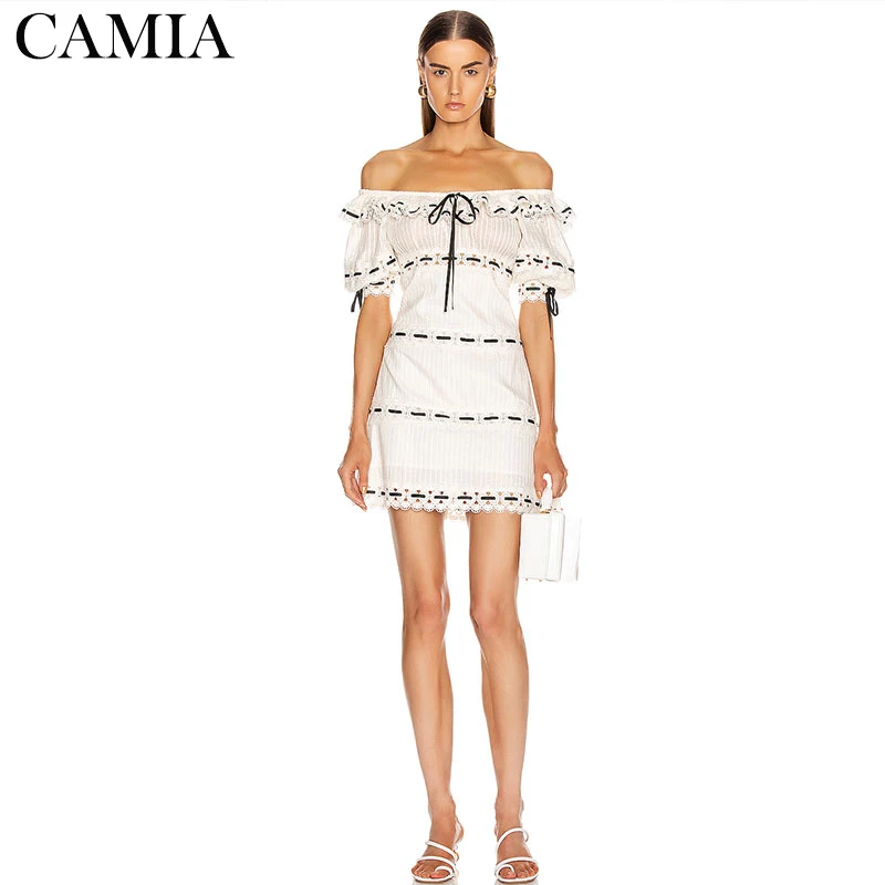 

CAMIA summer retro white dress backless word collar ruffled lace stitching short sleeve party ZIM dress female