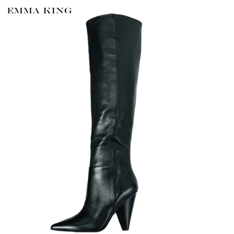 Emma king/; модные зимние женские сапоги до колена из натуральной кожи на КОНУСНОМ каблуке; обувь с острым носком; цвет черный, розовый