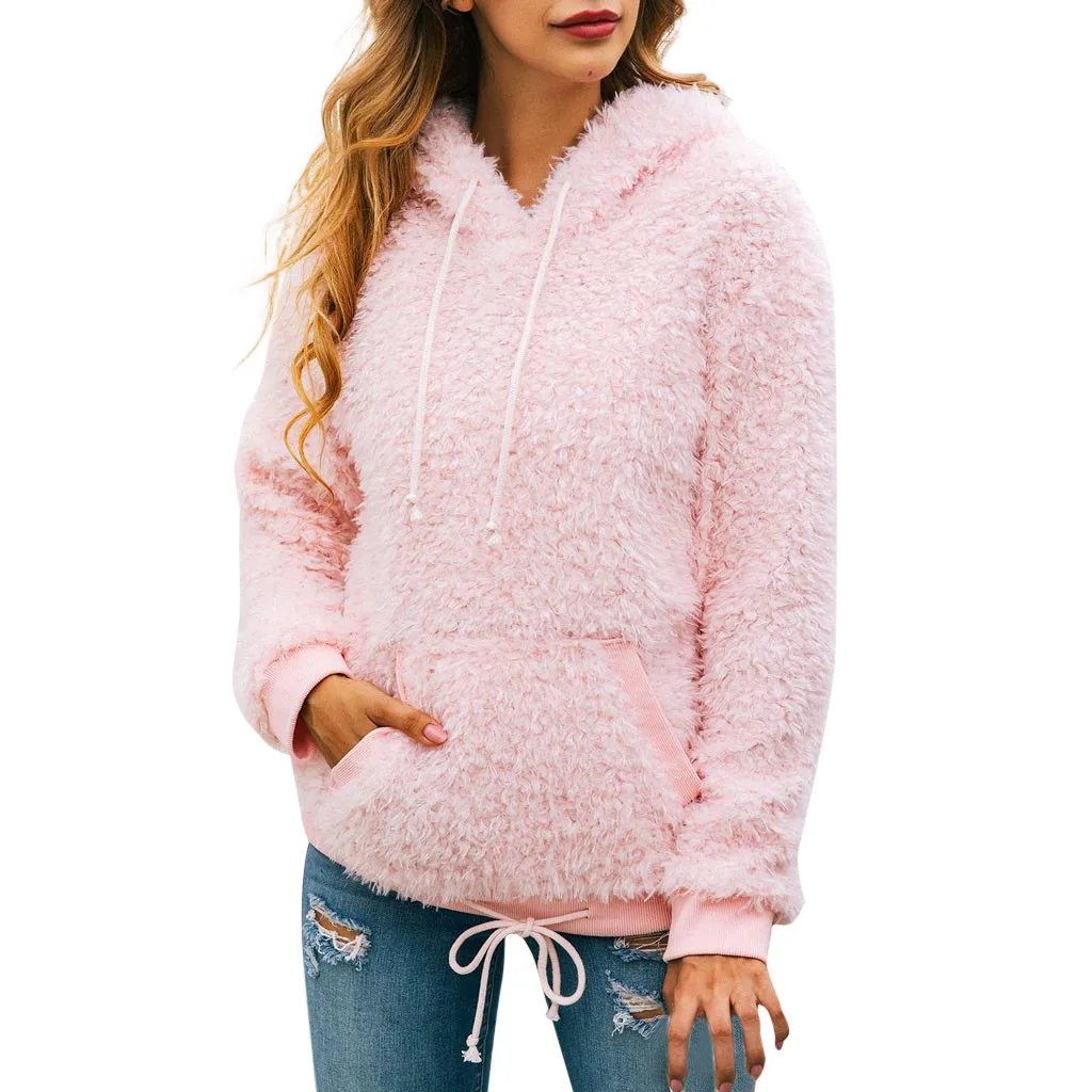 Pink Chamsgend, женские милые фланелевые однотонные толстовки, модная толстовка с карманом, пуловеры, Осенние, для женщин, для кампуса, повседневные, Blusa Bolsillos - Цвет: Pink