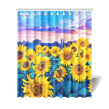 

Watercolor Flower Home Decor, Sunflowers Sunset Oil Painting Waterproof Polyester Fabric Shower Curtain Bathroom Sets with