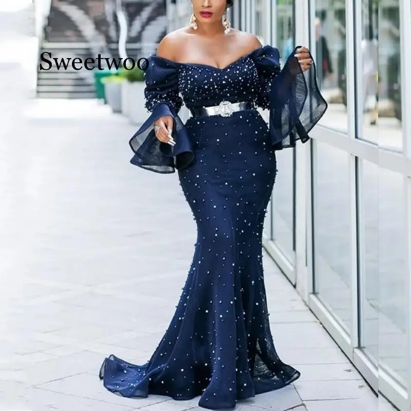 

2020 Spring Women Sexy Mesh Party Dress Slash Neck Dress Elegant Pearl Flare Sleeve Long Fishtail Dress Plus Size 5XL 4XL Blue