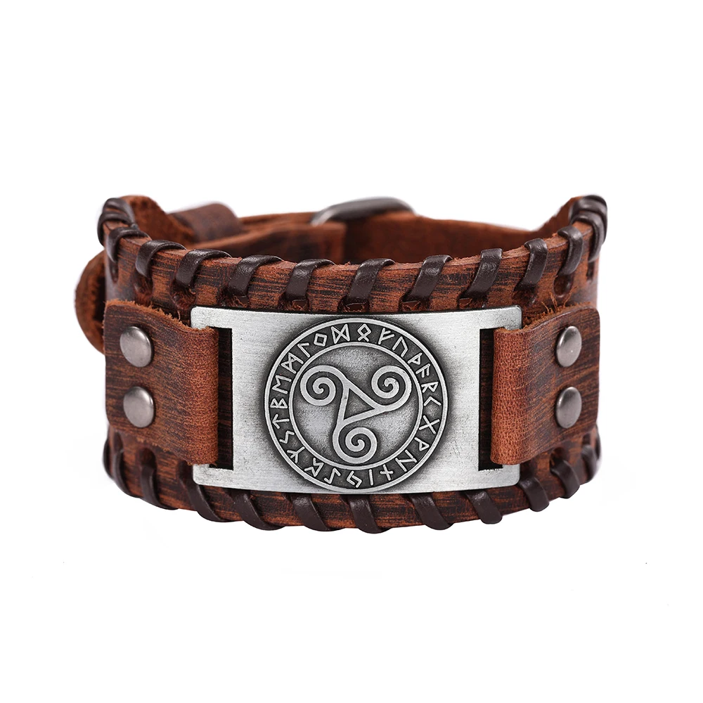 Skyrim винтажный браслет из натуральной кожи для мужчин, браслеты с символами Sicily, аксессуары для ювелирных изделий - Окраска металла: wide brown-silver
