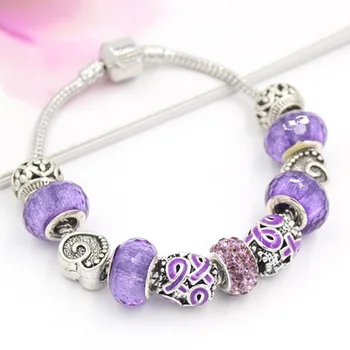 

6PCS/LOT DIY European Style Pancreatic Cancer Awareness Purple Ribbon Bracelet Gift Bracelets for Women Jewelry Pulser