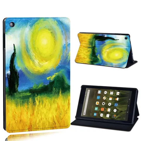 Amazon Fire 7 5/7/9th Gen / Fire HD 8 / 10 with alexa Printed Painting PU Leather Tablet Stand Folio Cover Case