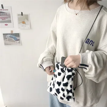 

Cow Pattern String Drawstring Bag Women Small Messenger Plush Bag Crossbody Shoulder Bag Female Mini Black White Cow Bags