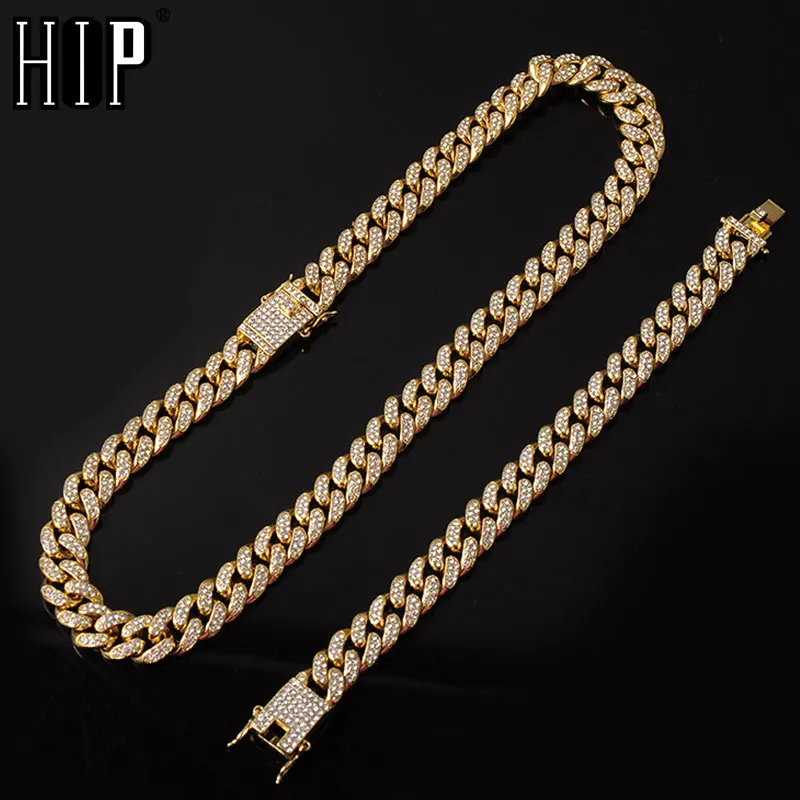 Мужской браслет в стиле хип хоп золотой с инкрустацией льдом кубинская цепочка