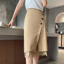 

Fashion 2022 Lace Patchwork Elegant Midi Skirt Women Spring Summer High Waist A-Line Single Breasted Split Wrap Hip Skirts Khaki
