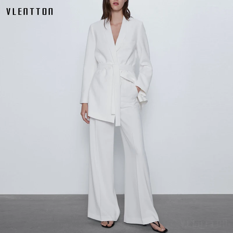 Женский офисный костюм из двух предметов белый пиджак с v-образным вырезом и