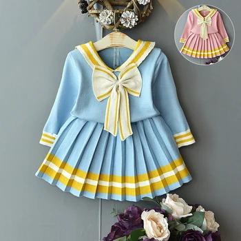 

Baby girl clothes winter knitted sweater suit warm stripe cute bow tie college style sweater girl sweater skirt two-piece suit