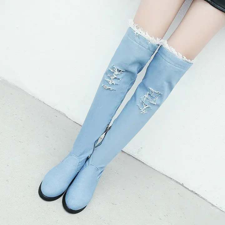 Dark Blue Lasyarrow/джинсовые сапоги высокие сапоги с бахромой на молнии пикантные модные джинсовые сапоги выше колена высокие сапоги до бедра на низком квадратном каблуке - Цвет: Dark Blue