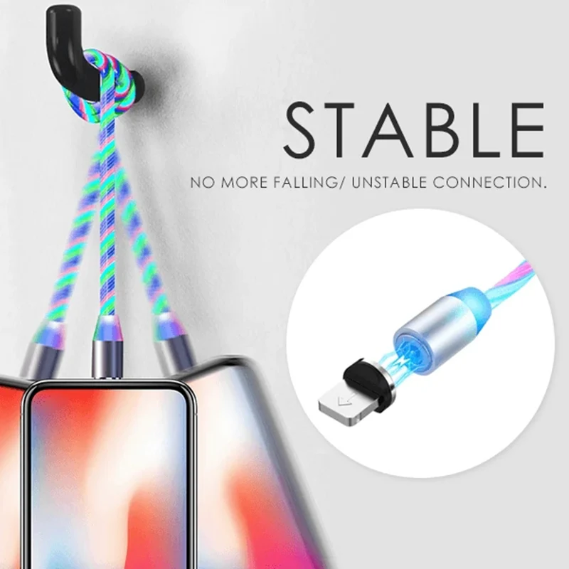 Светящийся светодиодный Магнитный зарядный USB кабель 3 в 1 для быстрой зарядки и