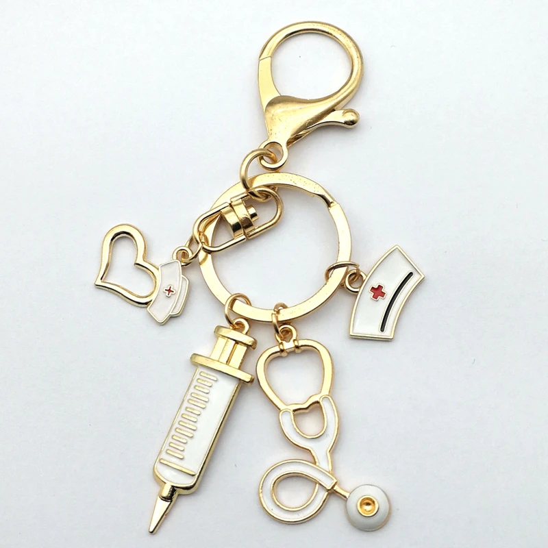 2020 New White Nurse Cap Medical Big Stethoscope Syringe Love Rose Gold Lobster Buckle Keychain Charm Jewelry Gift | Украшения и