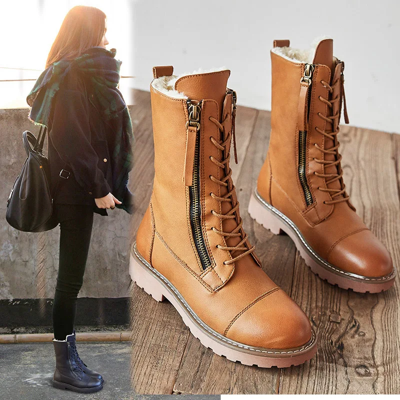 

Split Leather Boots Women's Shoes T New 2019 Warm Winter Snow Boots Female Booties Plush Platform Women Shoes Flat with