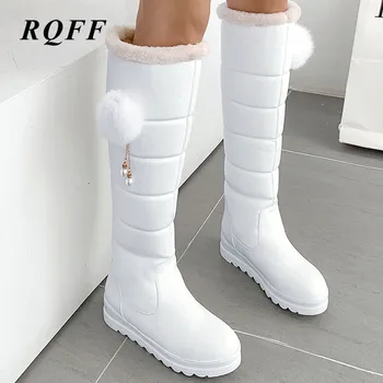 

Pink Black White New Autumn Winter Knee-High Snow Boots Women Plus Big Size Boot Fashion Flat with Med Heel Shoes Woman Solid 10