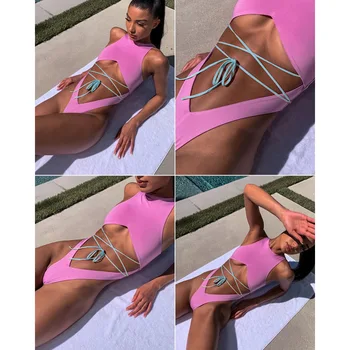 

2020 one-piece swimsuit women's pure color pink bikini sexy swimsuit