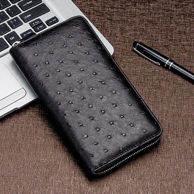 Длинный мужской кошелек из натуральной страусиной кожи на молнии с отделениями