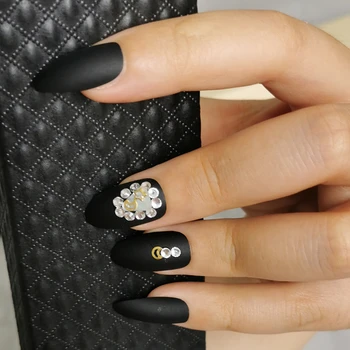 

False nails drop-shaped frosted fake nails black handmade boxed nails 24 transparent diamond stars moon and shell jewelry