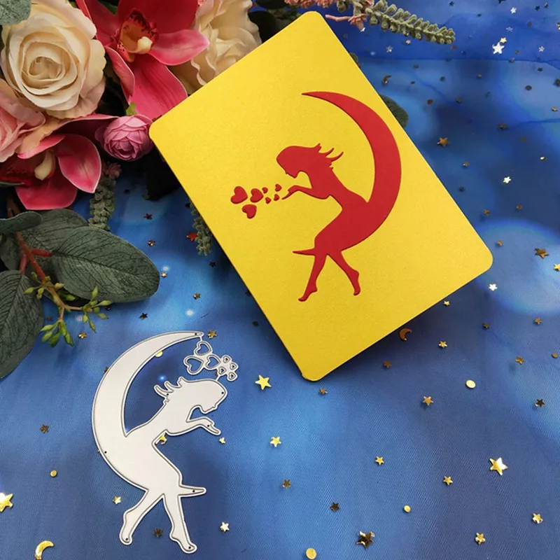 

Girl on Moon Metal Cutting Dies with Stitched Cloud Embossing Stencil Scrapbook Template Punch Paper Crafts
