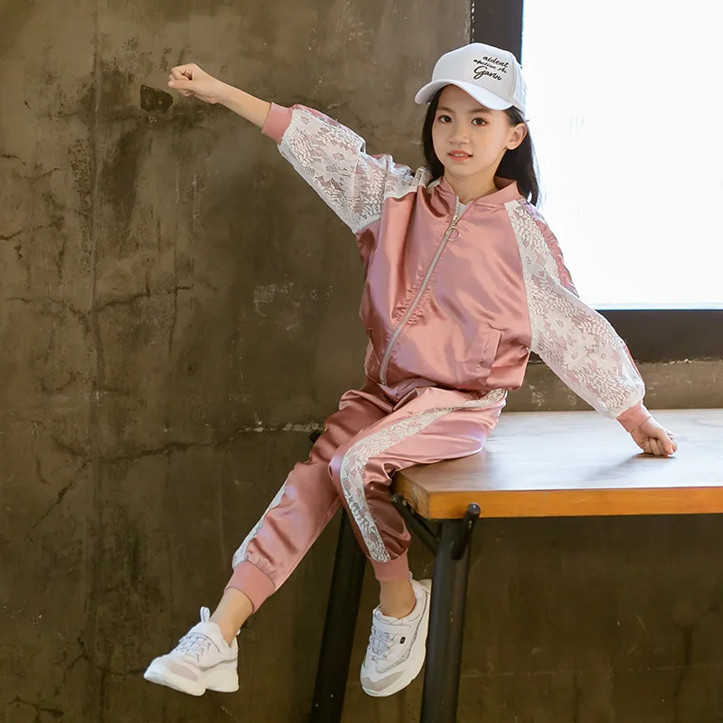 

Childrenswear 2018 Joint Lace Zip-up Jacket GIRL'S Suit Children Big Boy Autumn Clothing Trousers Two-Piece Set
