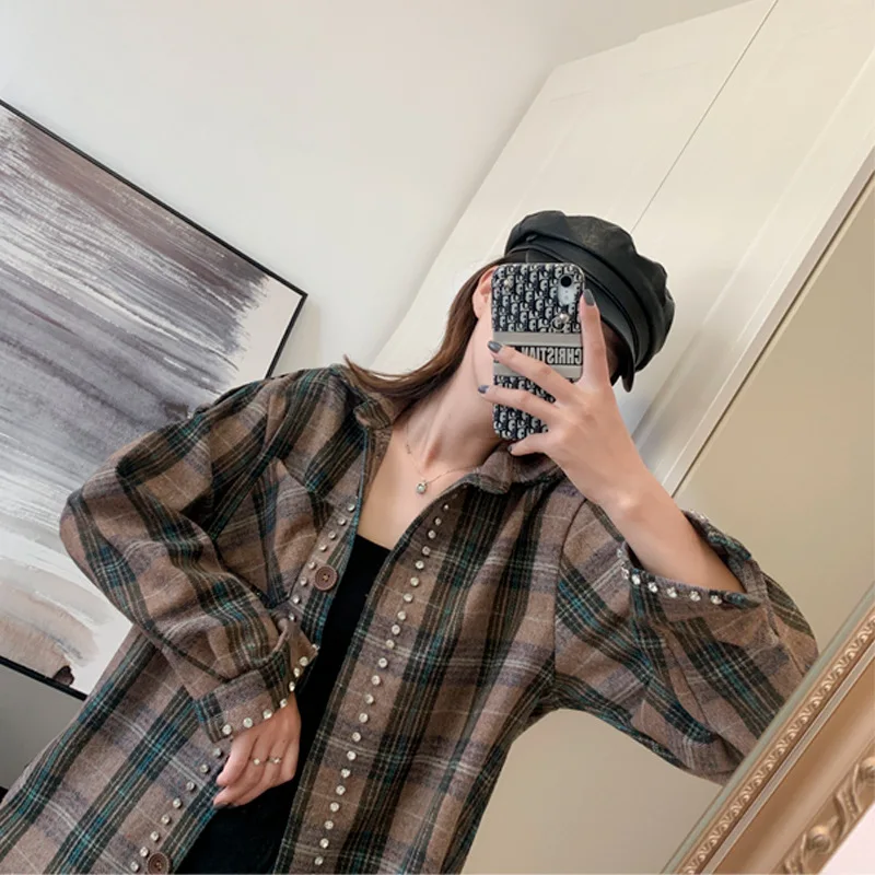 

Autumn Winter 2019 Tweed Plaid Coat Diamond Edge Loose Shirt Top Plaid Coats and Jackets Women