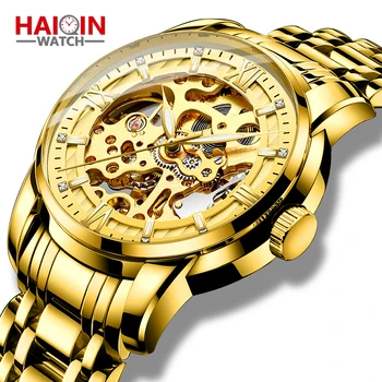 

Mens Gold Watches Luxury Automatic Mechanical Wrist Watch Men Skeleton Design Self Wind Sport Wristwatch HAIQIN Business Clock