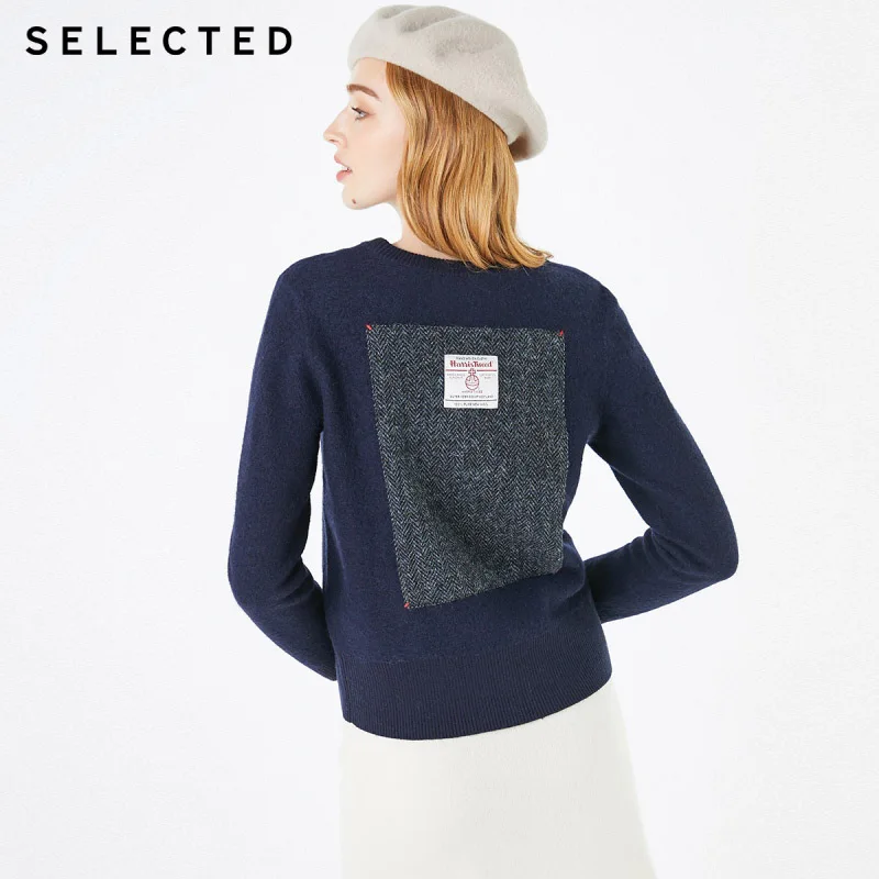SELECTED Women's Splicing Patch 100% Wool O-Neck Round Sweater R|419413504 | Женская одежда