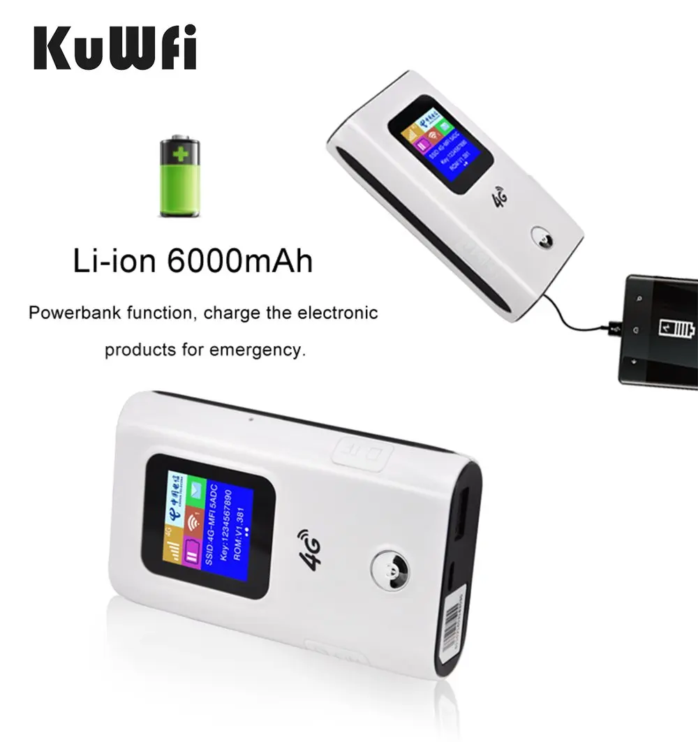 KuWFi 4G WiFi роутер 5200mAh power Bank 4G LTE карманный мобильный Wifi точка доступа разблокировка FDD/TDD глобальная sim-карта до 10 пользователей