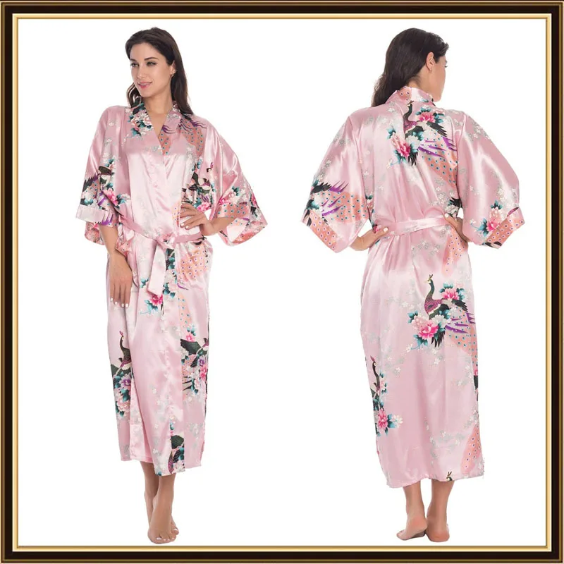 Half Sleeve Loose Style Woman Japanese Kimono Satin Silk Sleepwear Pajamas Peacock Spa Yukata Bathing Robe Lady's Long Dress