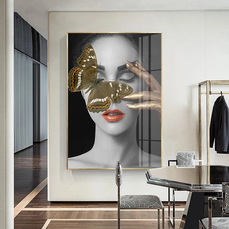 

Абстрактная модная женщина Бабочка красное розовое золото Современная Картина на холсте плакаты и принты настенные картины для комнаты домашний декор
