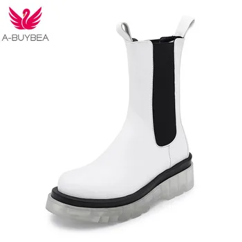 

Genuine Leather Women Mid-Calf Boots Platform Slip-on Ladies Non-slip Boots Spring&Autumn Flat-with Boots Women Motorcycle Boots