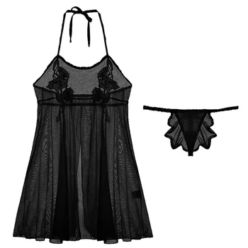 

Sexy perspective hanging neck nightdress bow tie temptation net yarn three-dimensional water-soluble floral appeal nightdress su