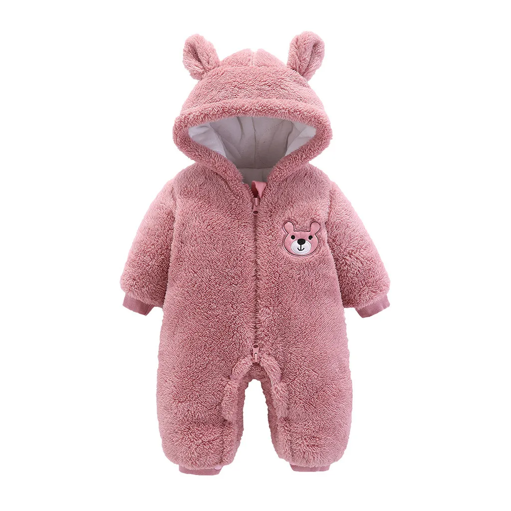 Одежда для малышей зимняя одежда для малышей с длинными рукавами и капюшоном Одежда для новорожденных мальчиков на молнии с героями мультфильмов детский зимний комбинезон для новорожденных - Цвет: Розовый
