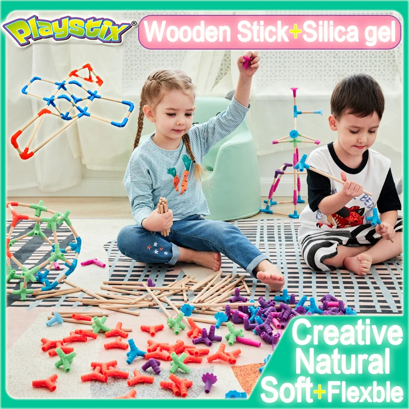 PLAYSTIX-bloques de construcción para niños, juguete de ladrillos para construir el espacio de la iluminación de la primera infancia, palo de madera, conector suave, juguete para chico