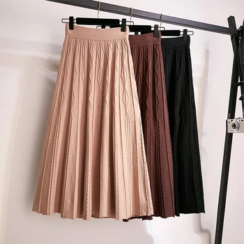

Autumn Winter Knit Skirt Women Elegant High Waist A-Line Solid Rhombus Twisted Long Midi Knitted Skirts Ladies