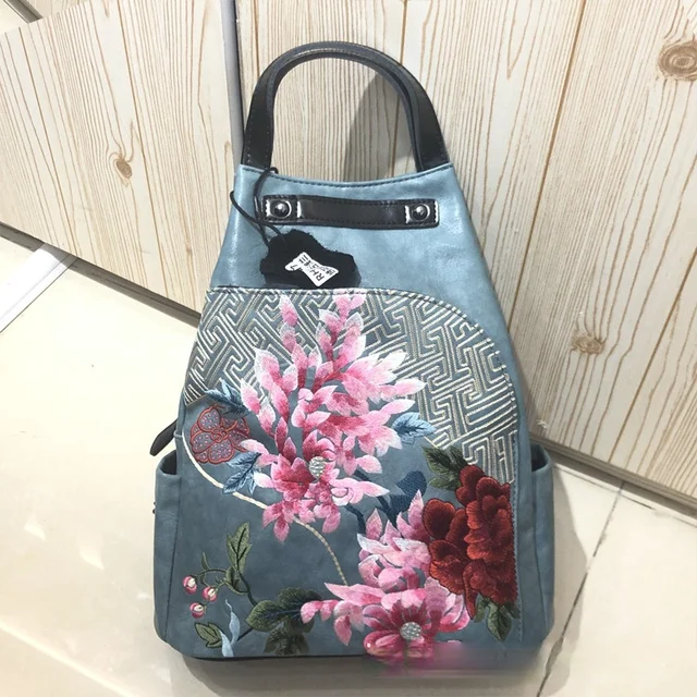 Bags Women Retro Chinese Style Embroidery Luxury women's Backpack PU Leather Personality All-match Casual Female Bag Blue