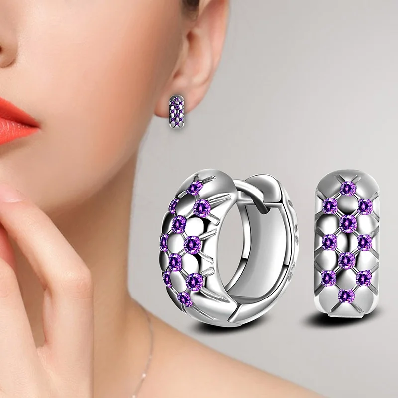 Роскошные женские серьги-кольца со сверкающими фиолетовыми кристаллами