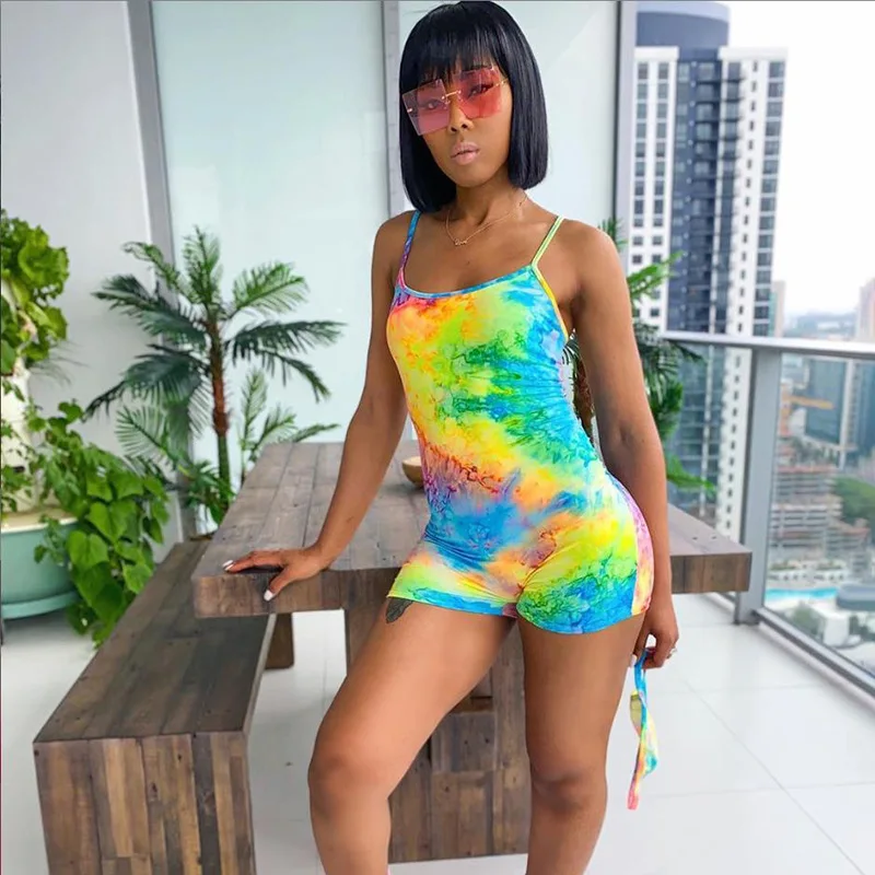 

AA Tie Dyeing Print Playsuit Jumpsuit Rompers New Sexy Women Clubwear Sleeveless Strap Sports Summer Jumpsuit Shorts Trousers