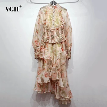 

VGH Elegant Asymmetrical Women Dress Stand Collar Lantern Long Sleeve High Waist Bandage Irregular Hem Mesh Dresses Female Tide