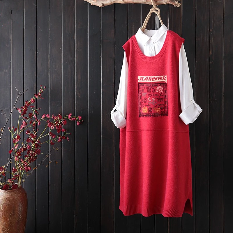 

2019 New Literary Jacquard Ladies Long Sweater Dress Casual O Neck Knitted Pullover Vest Plus Size Red Black Colete Feminino