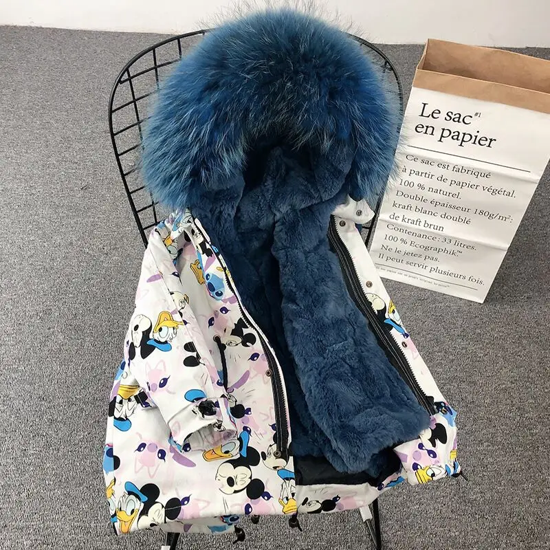 White Dark Blue Fur Новое зимнее пальто для девочек пальто с кроличьим мехом детские куртки и пальто с рисунками животных для девочек теплые парки для детей, пальто с натуральным мехом - Цвет: White Dark Blue Fur