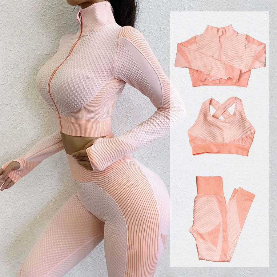 Fitness Suits Yoga Women Outfits Sets Long Sleeve Shirt+Sport Bra+Seamless Leggings Workout Running Clothing Gym Wear,LF051 1