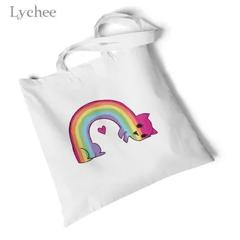 

Lychee Harajuku Rainbow Print White Canvas Bag Environmental Reusable Handbag Storage Foldable Large Shoulder Bag Travel Bag